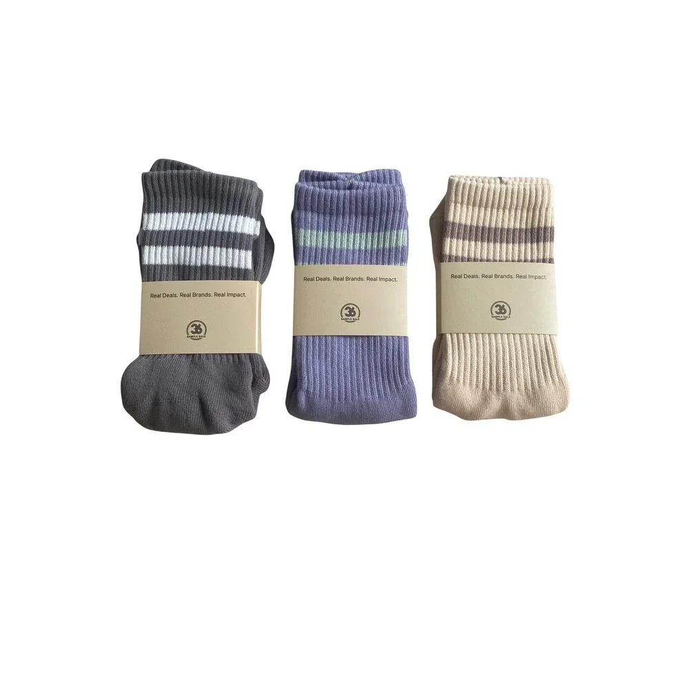 36 Sample Sale 3 Pack Grip Socks Grey Purple Cream Non-Slip Yoga Pilates Crew